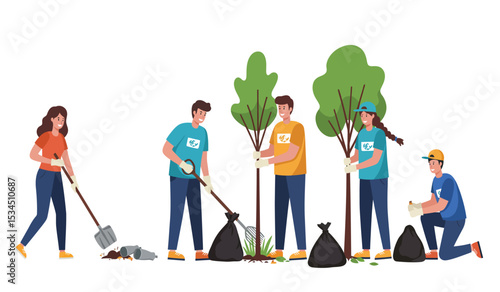 People planting trees and gardening together. Vector illustration