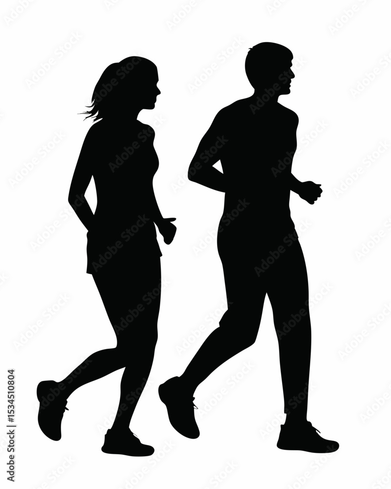 Silhouette of a man and woman jogging together in matching athletic wear on a white background image created with generated ai Silhouette of a man and woman jogging together in matching athletic wear on a white background image created with generated ai