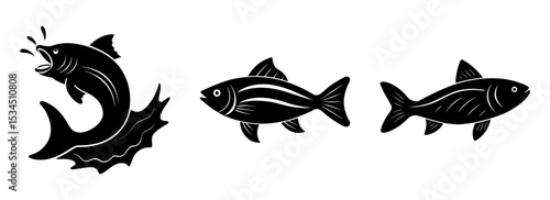 Silhouette set of graphic illustration of marine life with aquatic animals and ocean fish