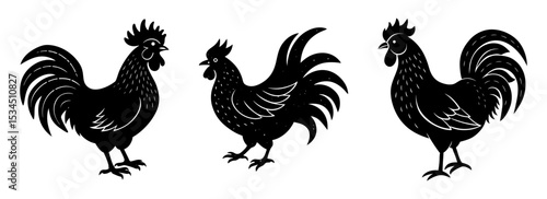 Silhouette set of three graphic rooster illustrations farm animal poultry bird design art