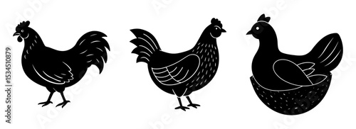 Silhouette set of three farm chicken vector illustration poultry fowl rooster hen design