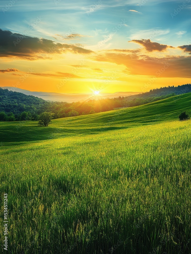 Sunrise over Lush Green Meadow: A Vibrant Display of Nature's Beauty Sunrise over Lush Green Meadow: A Vibrant Display of Nature's Beauty