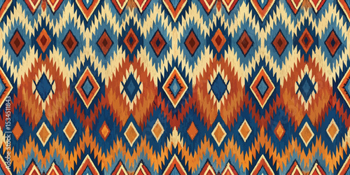 Colorful geometric pattern in earthy tones with blue accents and diamond shapes.