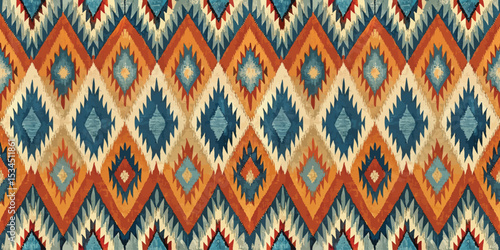 Vibrant geometric pattern in teal, orange, and cream hues.