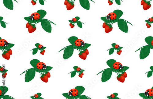 Seamless repeating pattern, ladybug on a branch of red strawberries on a transparent background, perfect for backgrounds, textiles, paper. Seamless pattern. Vector illustration.