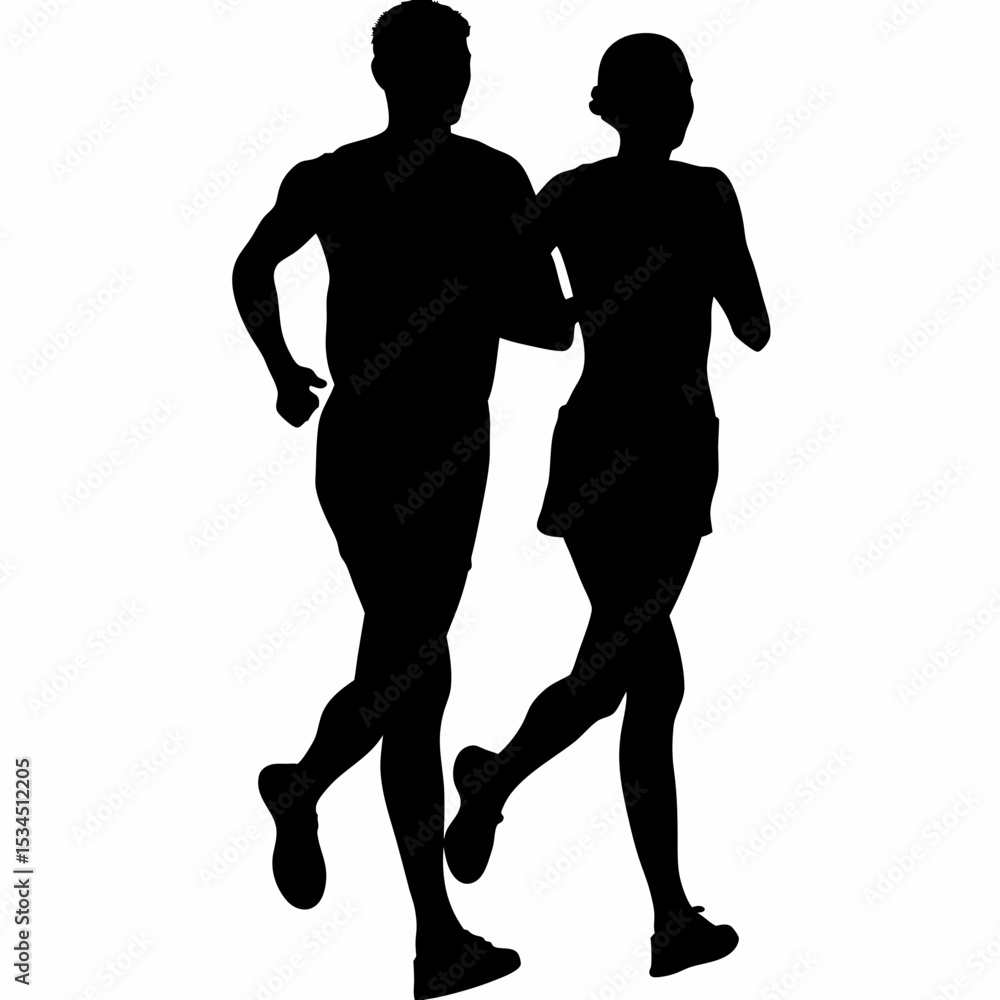 Obraz premium Silhouette of a man and woman jogging together in matching athletic wear on a white background image created with generated ai