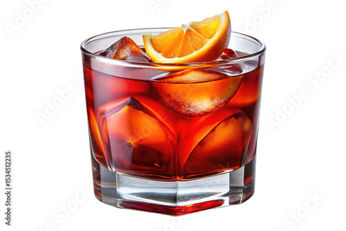 Negroni cocktail in rocks glass with ice and orange slice isolated on transparent background