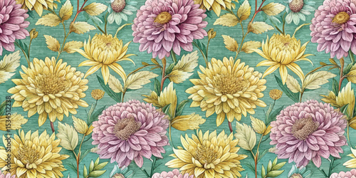 Colorful floral pattern featuring blooming chrysanthemums on a teal background.