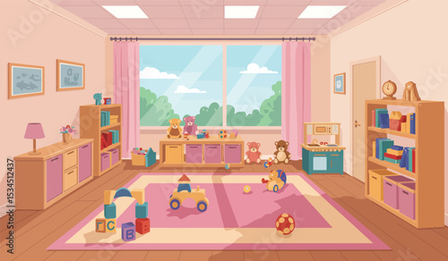 Kindergarten or preschool activities. Сhildren playing with cars, drawing and make crafts. Cartoon bundle, vector illustration. Modern room with furniture, sunlight from window.