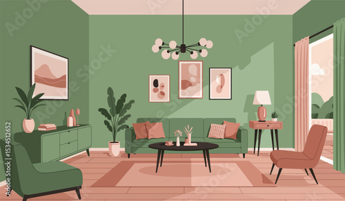 Modern living room with sofa, table, carpet, plants and other decor. Vector flat illustration of interior design and furniture