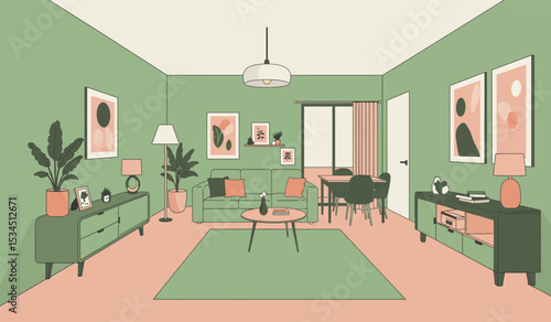 Modern living room with sofa, table, carpet, plants and other decor. Vector flat illustration of interior design and furniture
