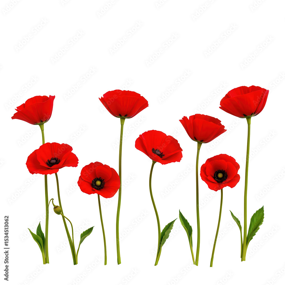 Obraz premium Vibrant Red Poppy Flowers with Green Stems Isolated on White Background for Nature and Floral Design