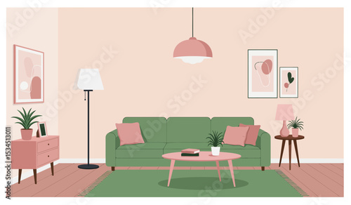 Modern living room with sofa, table, carpet, plants and other decor. Vector flat illustration of interior design and furniture