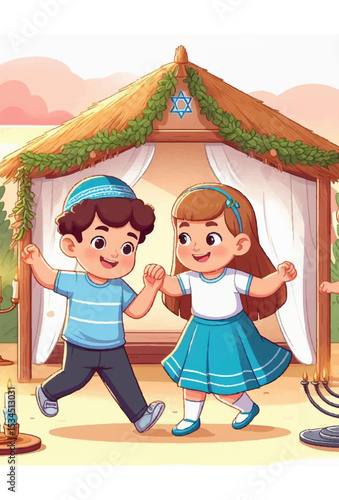 Joyful Sukkot Celebration with Dancing Around the Sukkah – Festive Jewish Holiday Illustration