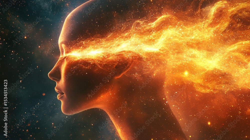 Profile of a woman with cosmic energy flowing from her head against a starry background in space Profile of a woman with cosmic energy flowing from her head against a starry background in space