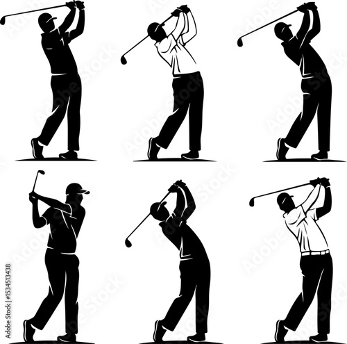 Silhouette Illustration of Golfers in Various Swing Positions