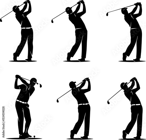 Silhouette Illustration of Golfers in Various Swing Positions