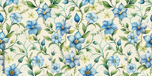 Elegant blue floral pattern with lush greenery on a soft cream background.