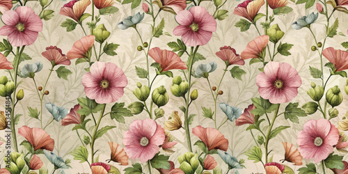 Beautiful floral pattern featuring pink and blue flowers on a soft beige background.