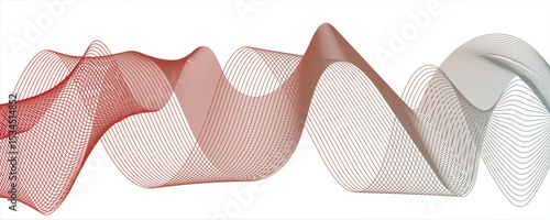 Abstract maroon, grey line wave with geometric technology and frequency gradient lines. Smooth, flowing waveforms formed and fine parallel lines. Dynamic gradient effect.