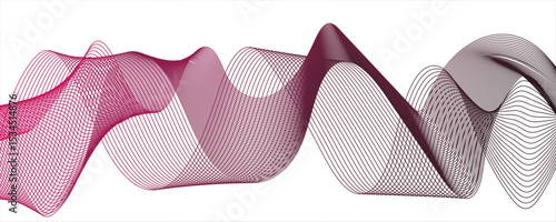 Abstract maroon line wave with geometric technology and frequency gradient lines. Smooth, flowing waveforms formed and fine parallel lines. Dynamic gradient effect.