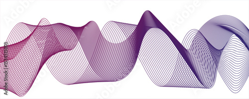 Abstract porple line wave with geometric technology and frequency gradient lines. Smooth, flowing waveforms formed and fine parallel lines. Dynamic gradient effect.