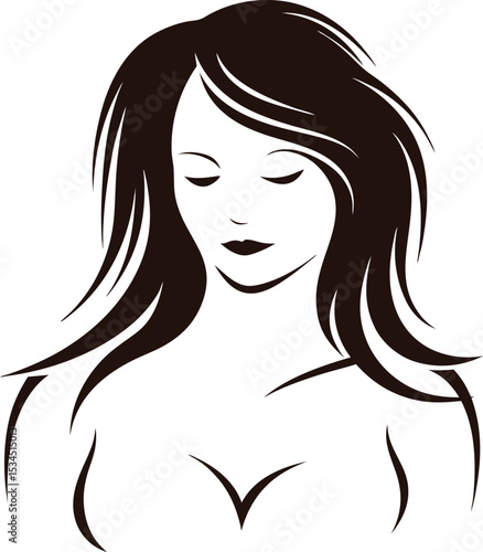 elegant woman face silhouette vector with long flowing hair and closed eyes, beauty salon logo concept, black and white illustration