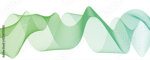 Abstract green line wave with geometric technology and frequency gradient lines. Smooth, flowing waveforms formed and fine parallel lines. Dynamic gradient effect.