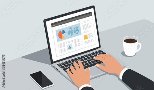 Business Man Typing Laptop Workplace Desk Documents Papers Folder Office Stuff Top Angle View Flat Vector Illustration