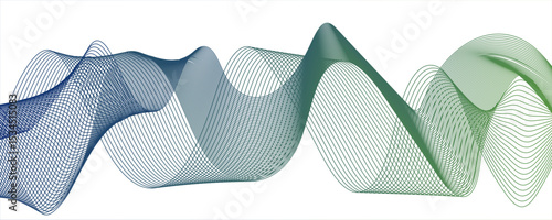 Abstract blue line wave with geometric technology and frequency gradient lines. Smooth, flowing waveforms formed and fine parallel lines. Dynamic gradient effect.