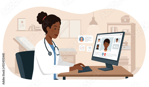 Doctor accessing digital health records on laptop flat design illustration isolated on white background