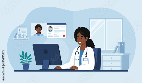 Doctor accessing digital health records on laptop flat design illustration isolated on white background