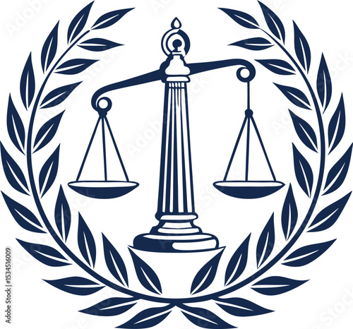  Elegant justice symbol with scales and laurel wreath. Legal Logo for law firm branding vector illustration.