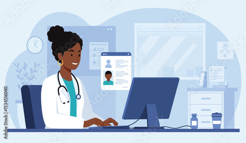 Doctor accessing digital health records on laptop flat design illustration isolated on white background