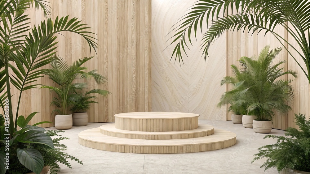 Fototapeta premium Light Beige Wooden Platform with Tropical Plants light wood