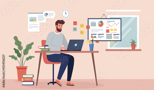 Business meeting or negotiation in office at table.  office meeting, business people working and discussion illustration