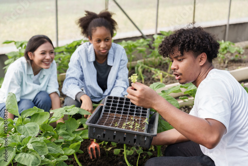 Three multiracial teenage students working in vegetable greenhouse during agricultural class observing young seedling together discussing plant details as part of school learning activity
