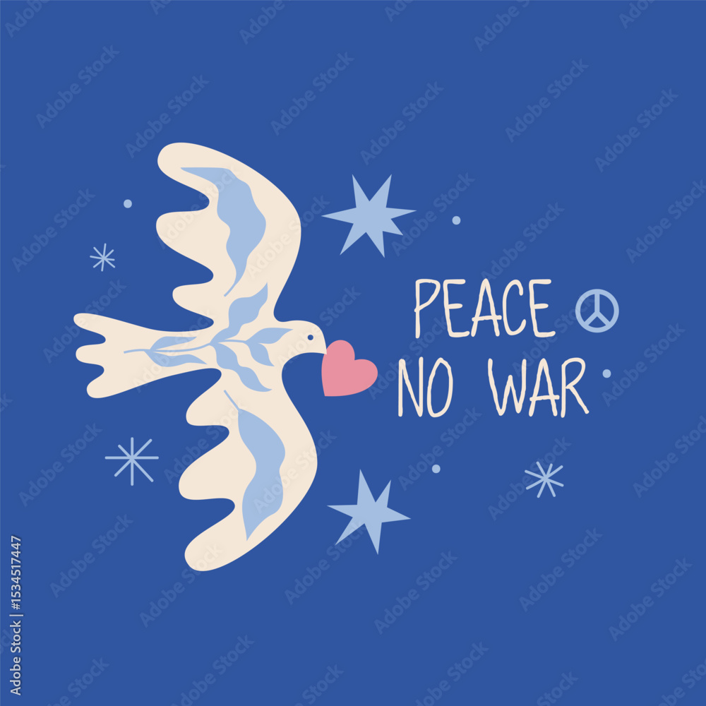 Obraz premium Peace No war. White dove with flowers on blue background. Cute flat postcard design