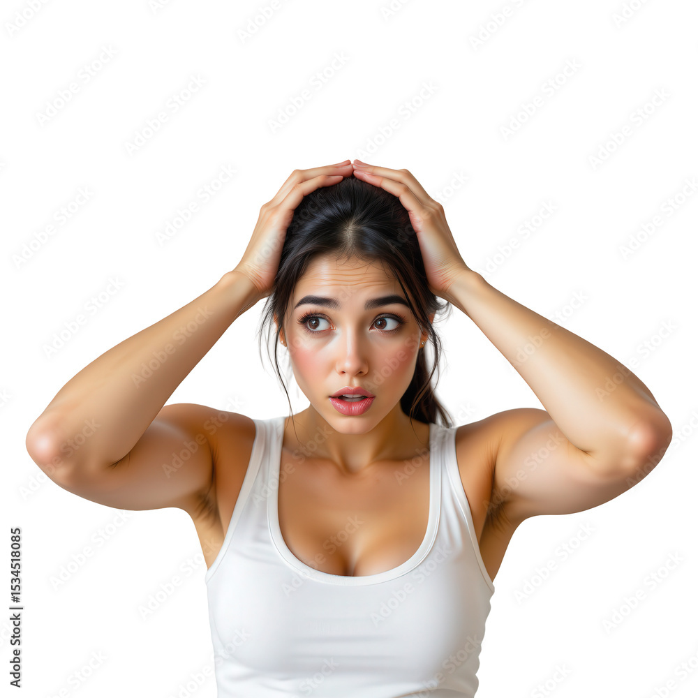Fototapeta premium Concerned young woman holding her head in distress with a worried expression in bright indoor setting