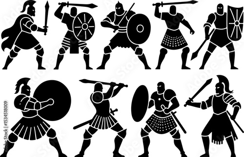 Silhouettes of ancient warriors in combat poses.