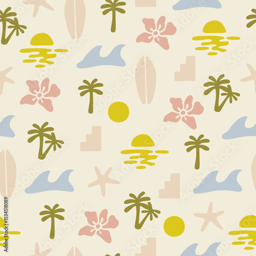Summer groovy boho minimal organic shapes seamless pattern. Cute pastel colored surfing background