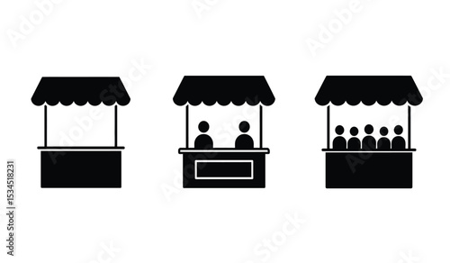 Booth or stand icon set with exhibitor. Sales booth icon set isolated on white background.