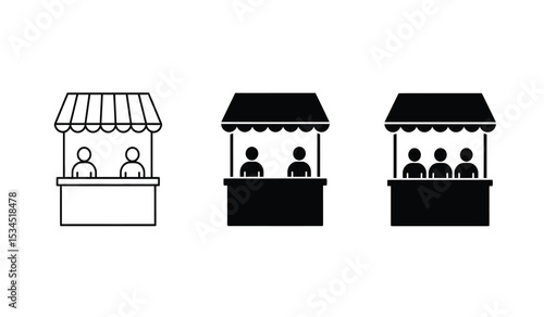Booth or stand icon set with exhibitor. Sales booth icon set isolated on white background.