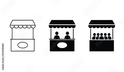 Booth or stand icon set with exhibitor. Sales booth icon set isolated on white background.