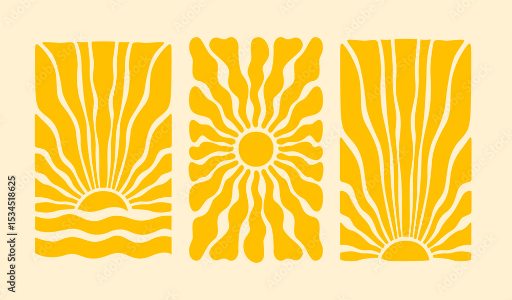 Fototapeta premium Hippie retro boho style sun. Yellow trendy sunburst. Horizontal and vertical posters