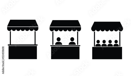 Booth or stand icon set with exhibitor. Sales booth icon set isolated on white background.