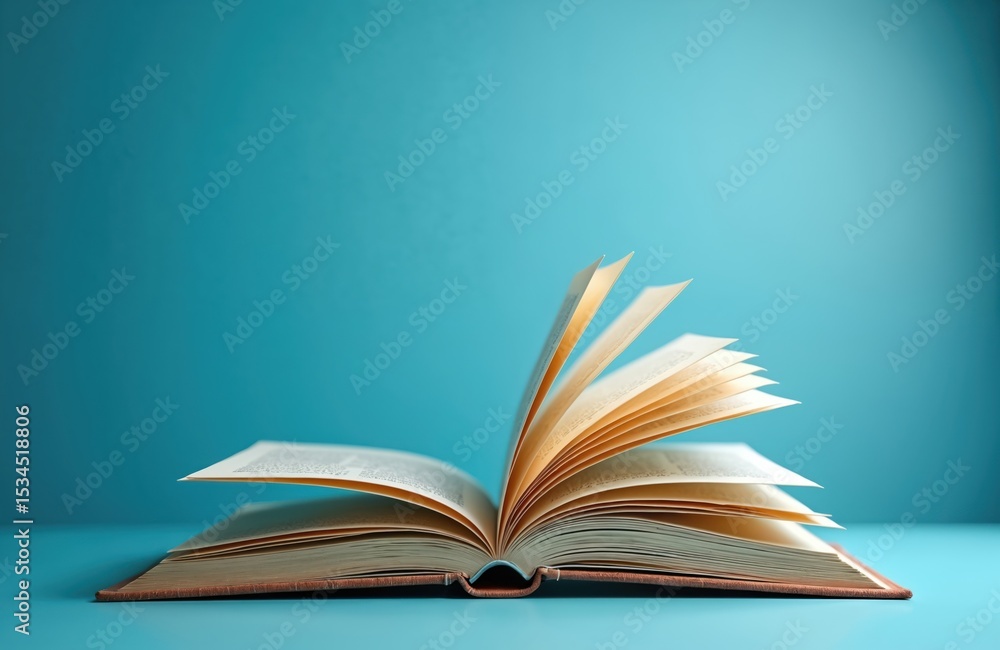 Obraz premium Open book with flying pages on blue background. Symbol of reading, learning, knowledge, education. Idea of imagination, creativity, inspiration, success. Perfect for advertising education, literature.