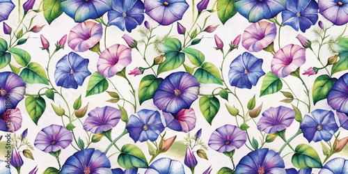 Vibrant watercolor floral pattern featuring blue and purple morning glories.