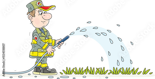 Funny worker in an uniform with a water hose and a sprinkler watering green grass on a lawn in a summer park, vector cartoon illustration on a white background