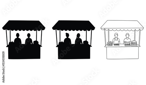 Booth or stand icon set with exhibitor. Sales booth icon set isolated on white background.